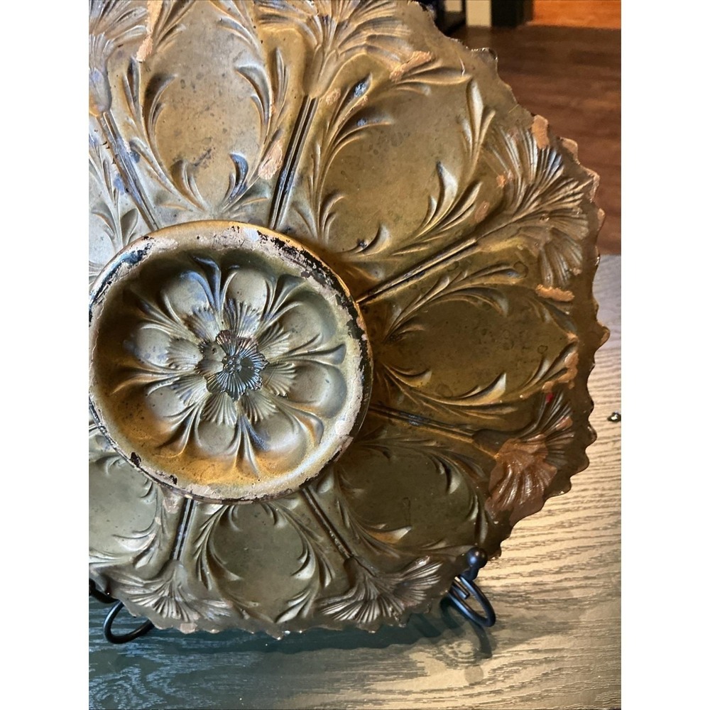 10.5" Antique Goofus Glass Sawtooth Edge Plate Red Gold Roses - Picture 11 of 14